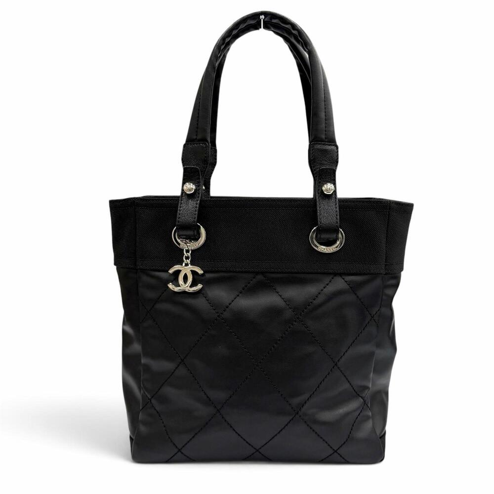 CHANEL A34208 Paris Biarritz PM Coco Mark Leather Trim Coated Canvas Tote Bag...